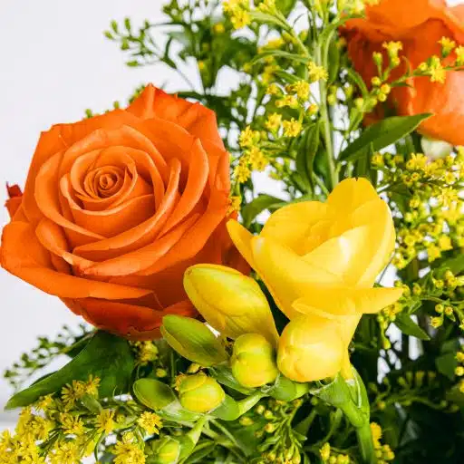 Detalle de flor de rosas naranjas y freesias amarillas