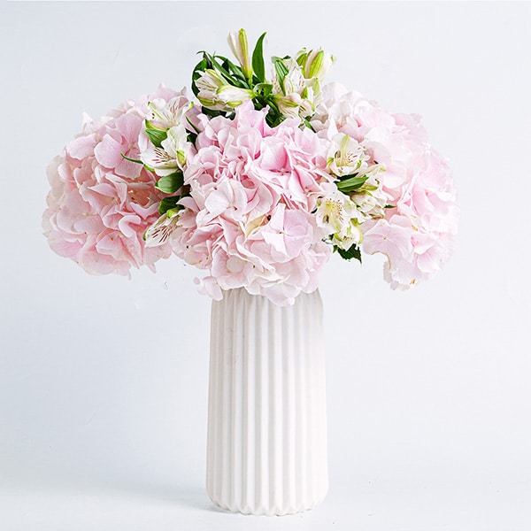 Bouquet de hortênsias cor-de-rosa num vaso branco
