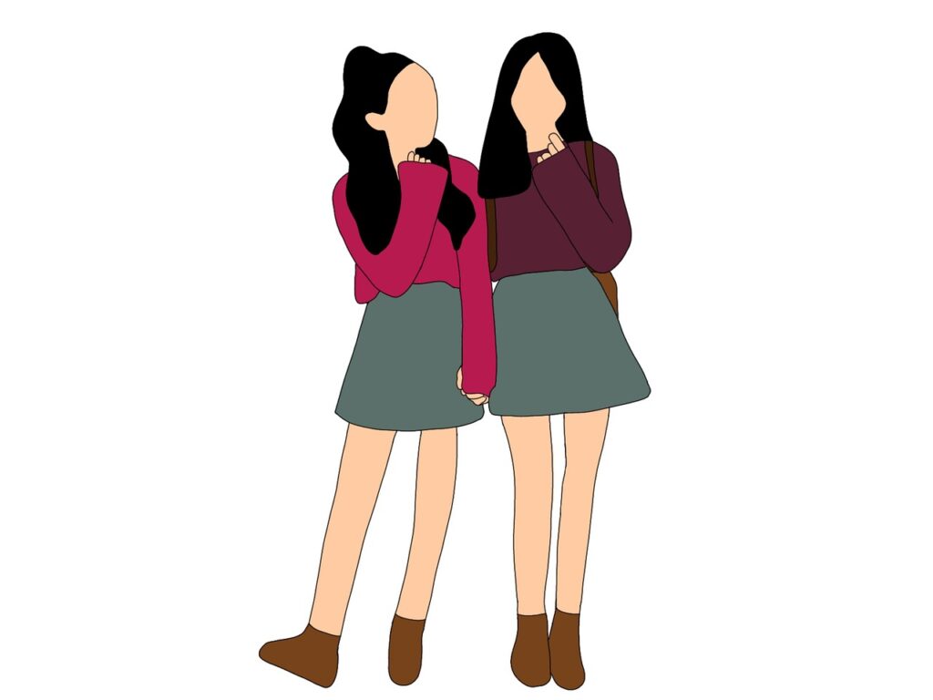 women, friendship, cartoon, girls, teenagers, sibling, gemini, together, 2d characters, drawing, art, friendship day
